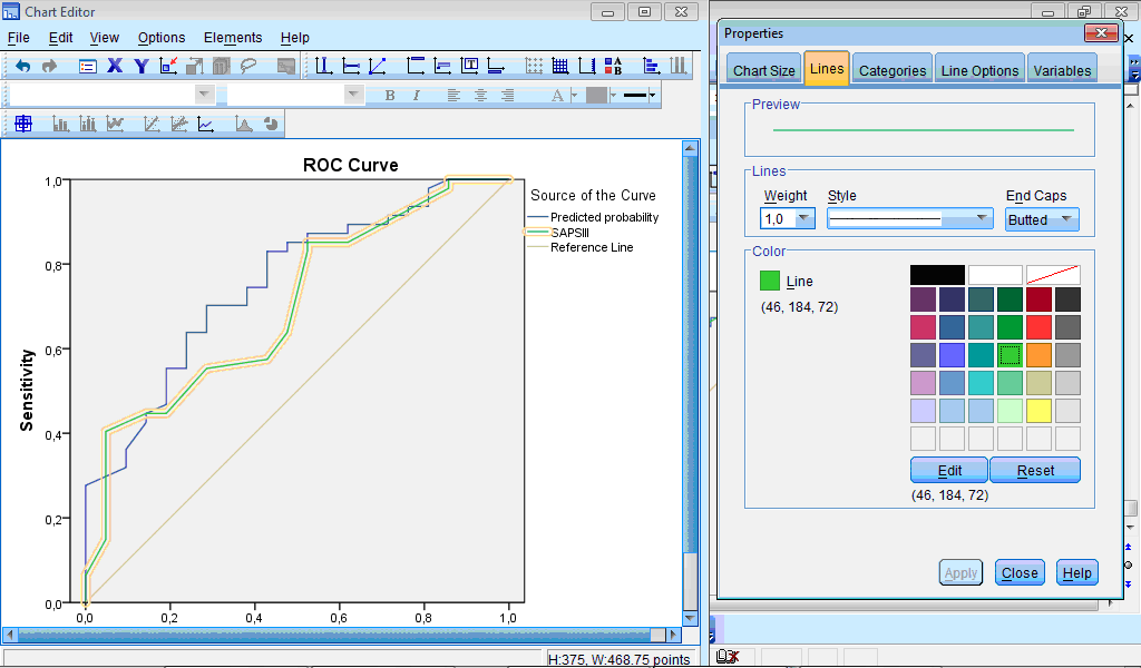 Changing properties of ROC curve in the Chart Editor Modifying properties of ROC curve