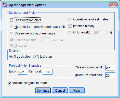 Specifying statistics for logistic regression analysis Specifying statistics