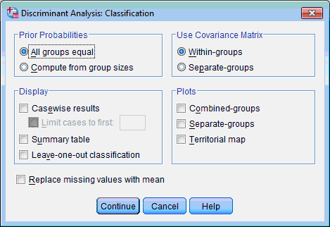 Specifying other parameters for discriminant analysis Specifying other parameters